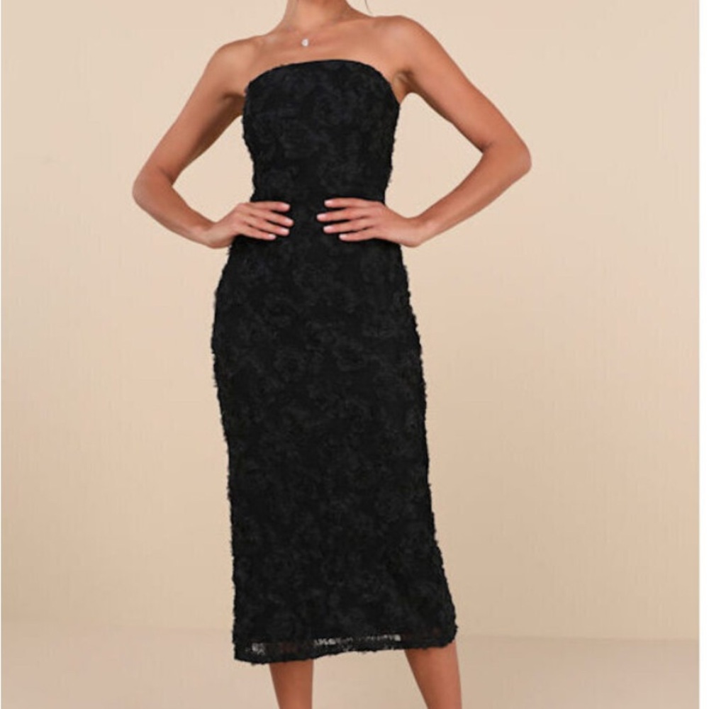Lulu's Flawless Perfection Black Floral Applique Strapless Midi Dress